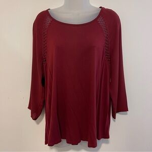 LOFT Women's Top 3/4 Sleeve Scoop Neck Top Blouse Burgundy Red Size Medium